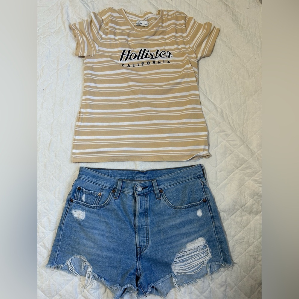 BundleY2K Hollister Yellow Striped Tee and Levi’s 501 Blue Denim shorts vintage
